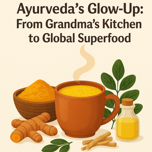 Illustration of Ayurvedic superfoods including turmeric latte, turmeric root, ghee, moringa leaves, and ashwagandha roots, symbolizing Ayurveda’s journey from traditional remedies to modern global wellness.