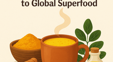 Illustration of Ayurvedic superfoods including turmeric latte, turmeric root, ghee, moringa leaves, and ashwagandha roots, symbolizing Ayurveda’s journey from traditional remedies to modern global wellness.