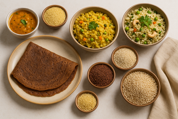 Cooked Indian millet dishes with ragi dosa, bajra khichdi, and foxtail millet pulao served with raw millets