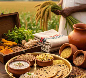 Swadeshi_focusing on make in India and Millets are proudly indian. This is an image of a farmer holding a millet crop in hand and spices placed in a wooden spice box, a plate which has millet roti's ragi porridges and khichidi