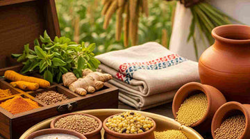 Swadeshi_focusing on make in India and Millets are proudly indian. This is an image of a farmer holding a millet crop in hand and spices placed in a wooden spice box, a plate which has millet roti's ragi porridges and khichidi