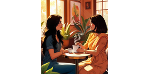 Two friends sit in a cozy café, sharing a laugh over coffee. One wears a blue shirt, and the other is dressed in an orange saree, as they talk about the challenges and surprises of cooking with millets.