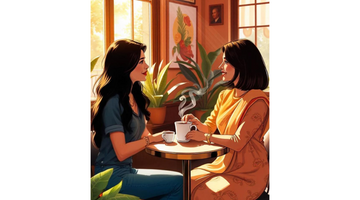 Two friends sit in a cozy café, sharing a laugh over coffee. One wears a blue shirt, and the other is dressed in an orange saree, as they talk about the challenges and surprises of cooking with millets.