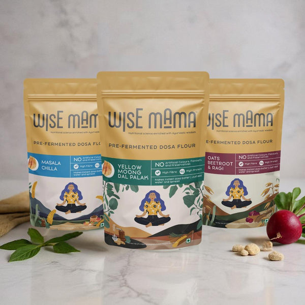 Wise Mama Dosa Mix Combo – Pre-Fermented, Instant Breakfast | Yellow Moong Dal Palak, Masala Chilla & Oats Ragi Beetroot Mixes
